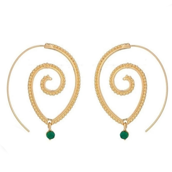 Gold Spiral Hoop Earrings Big Swirl Statement Hoops Boho Green Accent Bead New - Picture 3 of 7